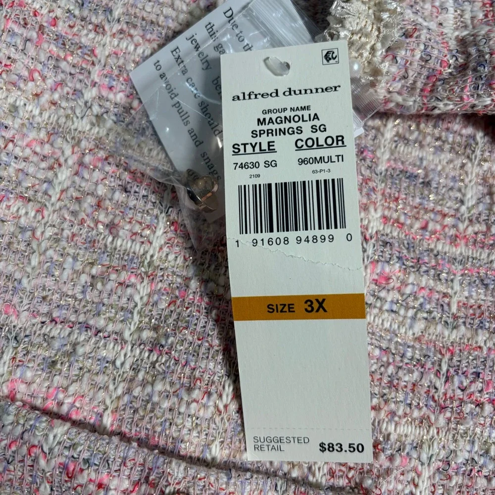 Alfred Dunner Woman 3X Magnolia Springs Pink Tweed Pearl Trim Cardigan Jacket